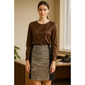 Lafayette 148 black & brown tweed panel stretch pencil skirt size 6 petite